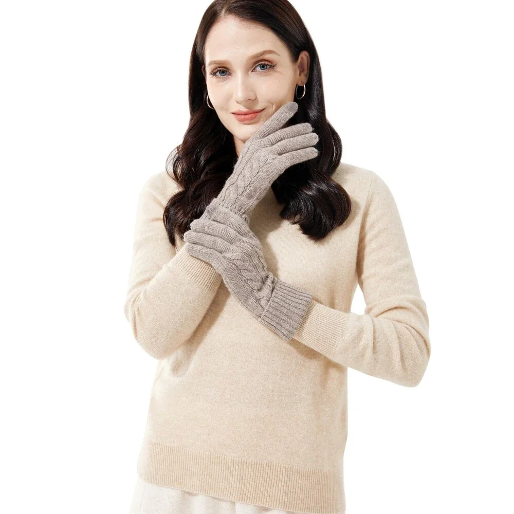 VIKIDEER Women's Camel Touchscreen 100% Pure Cashmere Gloves Ladies Soft Knit